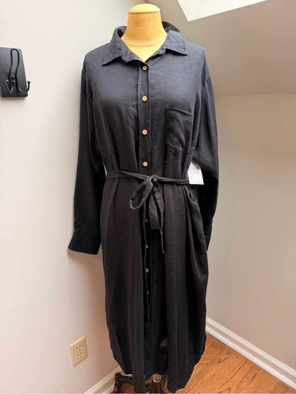 NWT Karen Kane On Safari Black Long-Sleeve Button-Front Shirt Dress Waist Tie